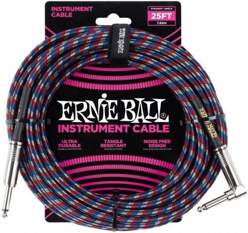 Ernie Ball 25' Braided Straight / Angle Instrument Cable Red/White/Blue/Black