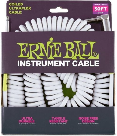 Ernie Ball 6045 30' Coiled Straight/Angle Instrument Cable White