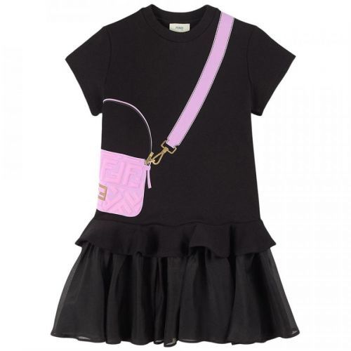 Fendi Girls Trompe L'oeil Baguette Bag Dress Black, 8A / BLACK