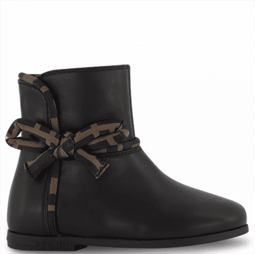 Fendi Girls FF Logo Leather Bow Boots Black, 30 / Black