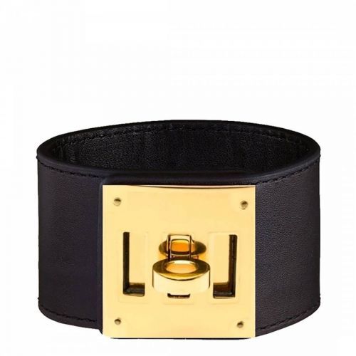 18K Gold Black Leather Lock Bracelet