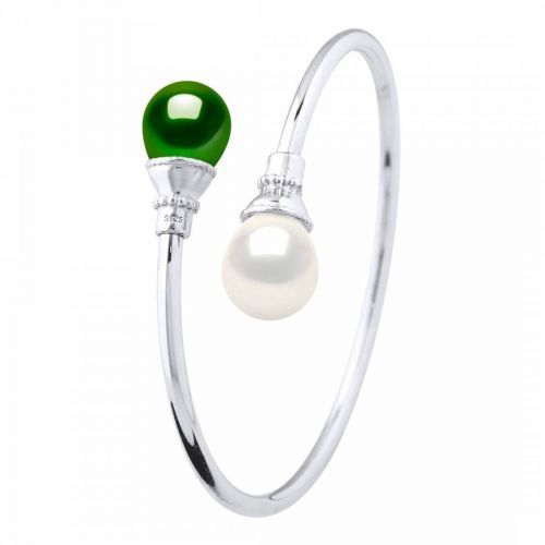 Green and White Freshwater Pearl Bangle Bracelet 10-11mm