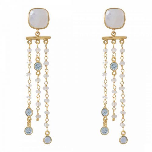 18K Gold Rainbow Moonstone And Blue Topaz Chandelier Earrings