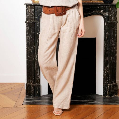 Beige Straight Leg Linen Trouser