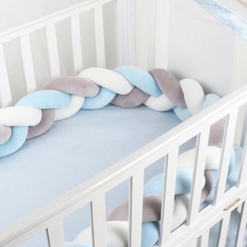 (Grey+white +blue ) 4M Anti-collision Strip Kids Bed Crib Bumpers Braided Protective Bar