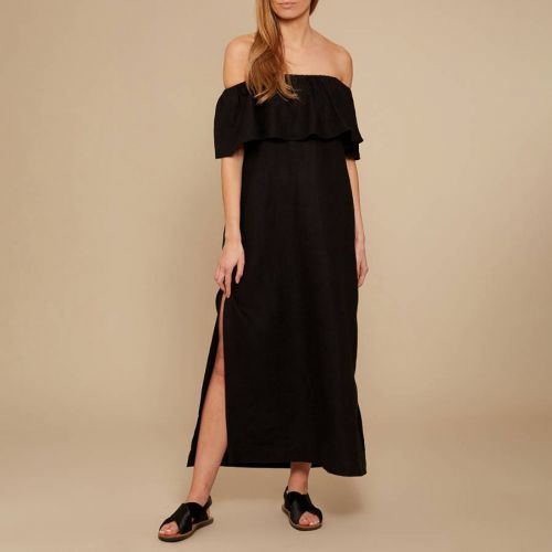 Black Linen Frill Bardot Maxi Dress