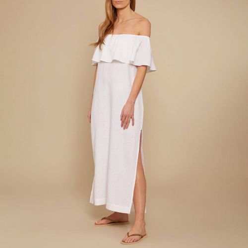 White Linen Frill Bardot Maxi Dress