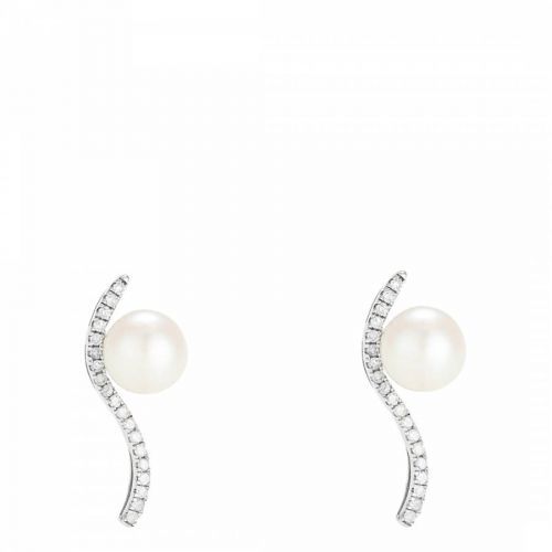 Silver Curved Embellished And Pearl Earring
