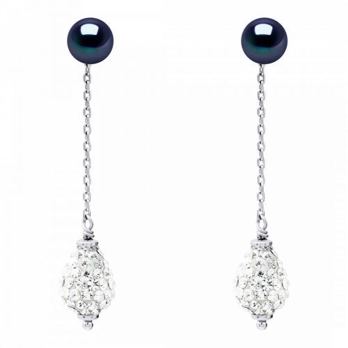 Silver/Black Tahiti Real Cultured Freshwater Pearl Crystal Ball Earrings