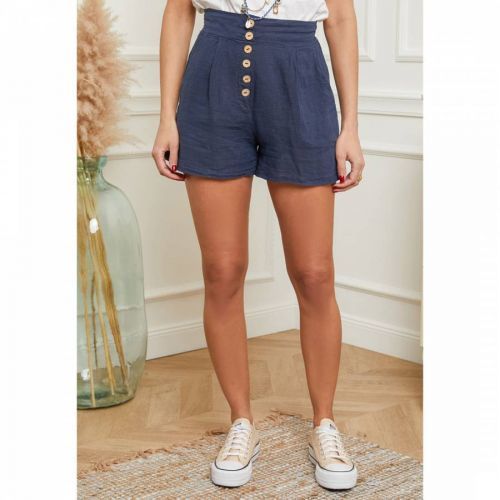 Navy High Waisted Linen Short