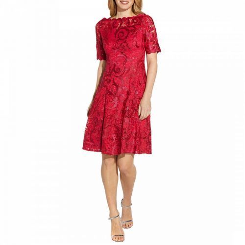 Red Embroidered Lace Midi Dress