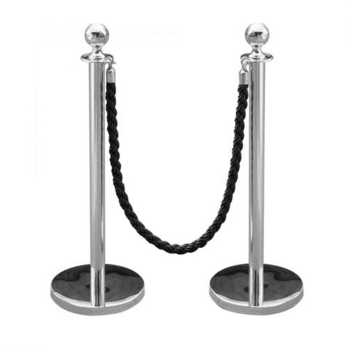 (Black Twisted) 2x Polished Steel Queue Rope Barrier Posts Stands Twisted Rope