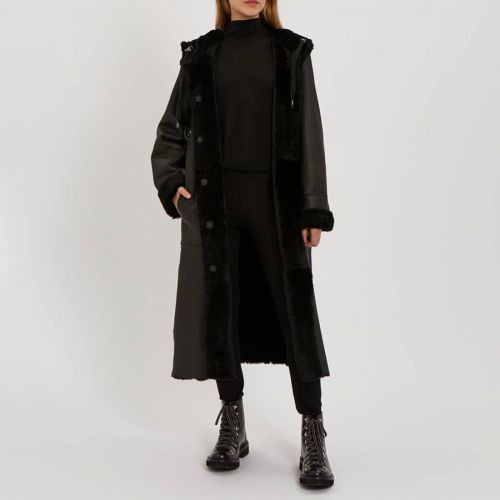 Black Shearling Reversible Longline Hooded Coat