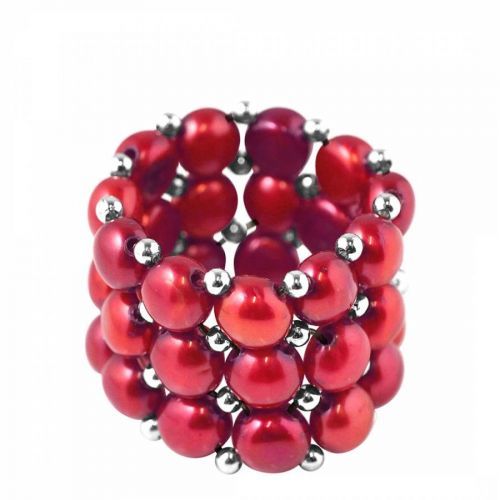 Cherry Red 3 Row Real Freshwater Pearl Ring