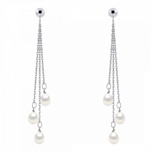 Silver/White 3 Real Cultured Freshwater Pearl Hanging Earrings