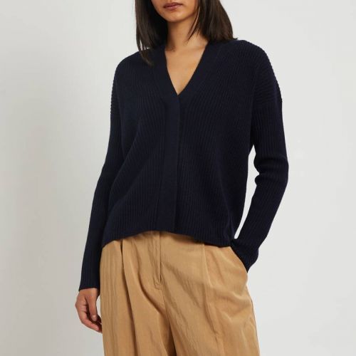Navy Ribbed Wool Cashmere Blend Cardigan