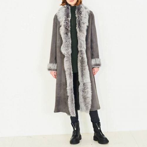Grey Longline 3/4 Shearling Coat