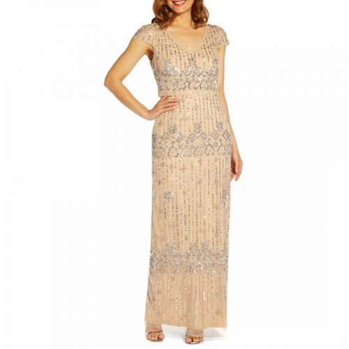 Nude Beaded Column Gown