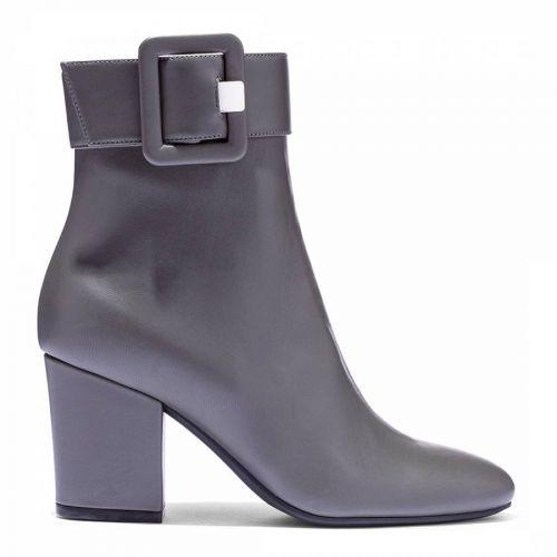 Grey Leather Buckle Detail Heeled Boots