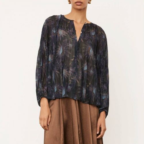 Navy Deco Floral Pleated Blouse