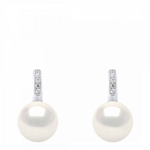 Silver/Natural White Zirconia Mounted Real Cultured Freshwater Pearl Earrings