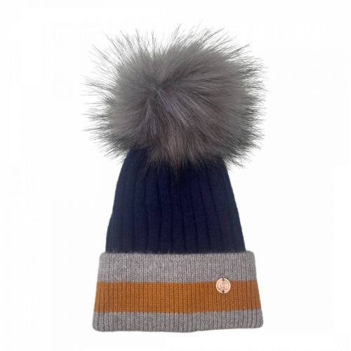 Kids Navy/Grey Stripes Cashmere Blend Single Pom Hat