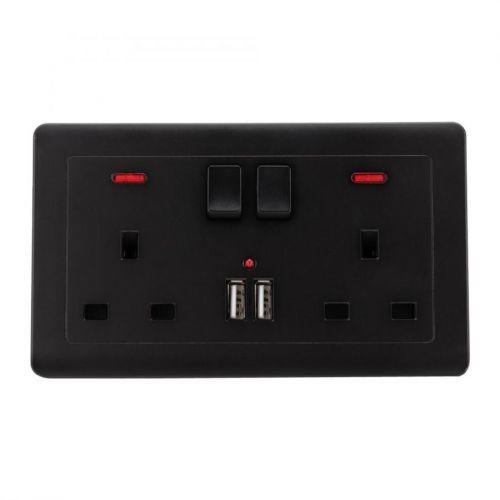 (Black) Double Wall Plug Socket 2 Gang 13A w/ 2 Charger USB Ports Outlets Flat Plate UK