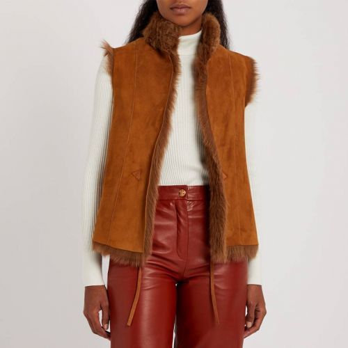 Camel Short Reversible Shearling Gilet