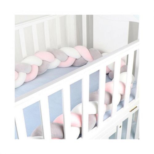 (Grey +white+ pink) 4 M Anti-collision Strip Kids Bed Crib Bumpers Braided Protective Bar