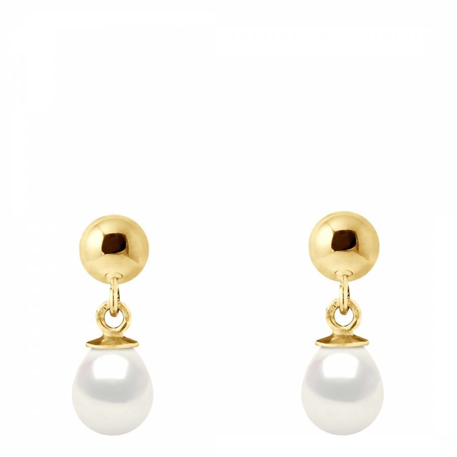 Yellow Gold/Natural White Real Cultured Pearl Earrings