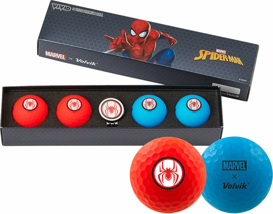 Volvik Vivid Marvel 2.0 4 Pack Golf Balls Spider Man Plus Ball Marker Red/Blue