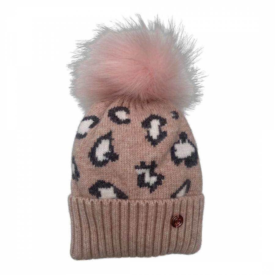 Adult Beige/Pink Leopard Print Cashmere Blend Pom Hat