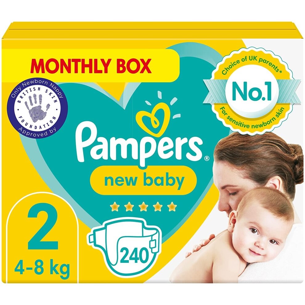Pampers Baby Nappies Size 2 (4-8 kg/9-18 Lb), New Baby, 240 Count, MONTHLY SAVINGS PACK, Baby Essentials for Newborn