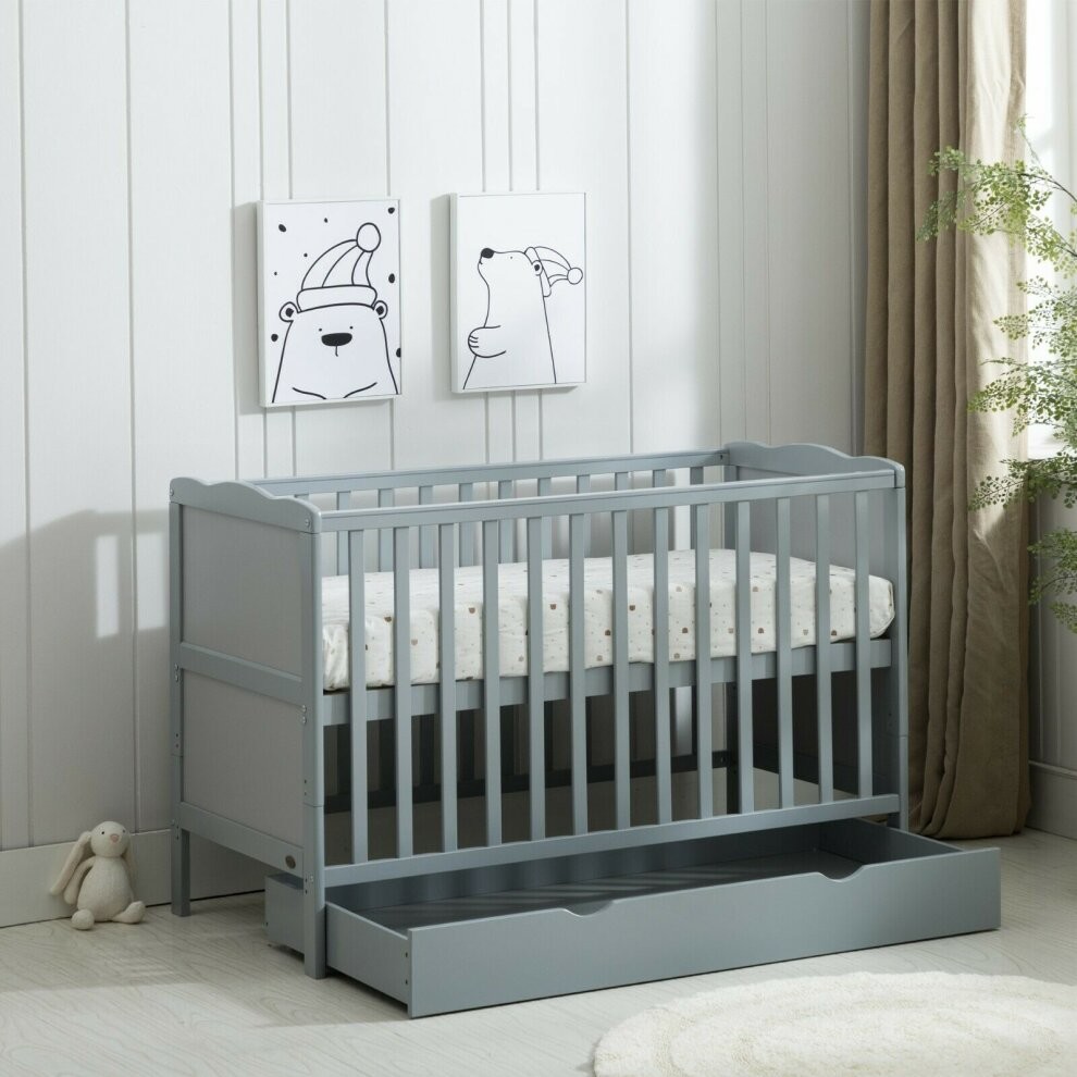 (Grey) MCC BABY COT BED Wooden Baby Cot Bed & Rollaway Drawer & Aloe Vera Water Repellent Mattress(Orlando Drawer)