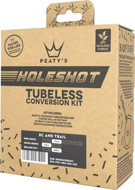 Peaty's Holeshot Tubeless Conversion Kit XC/Trail - 25mm Tape/42mm Valves/2X Sealant Pouch 120ml