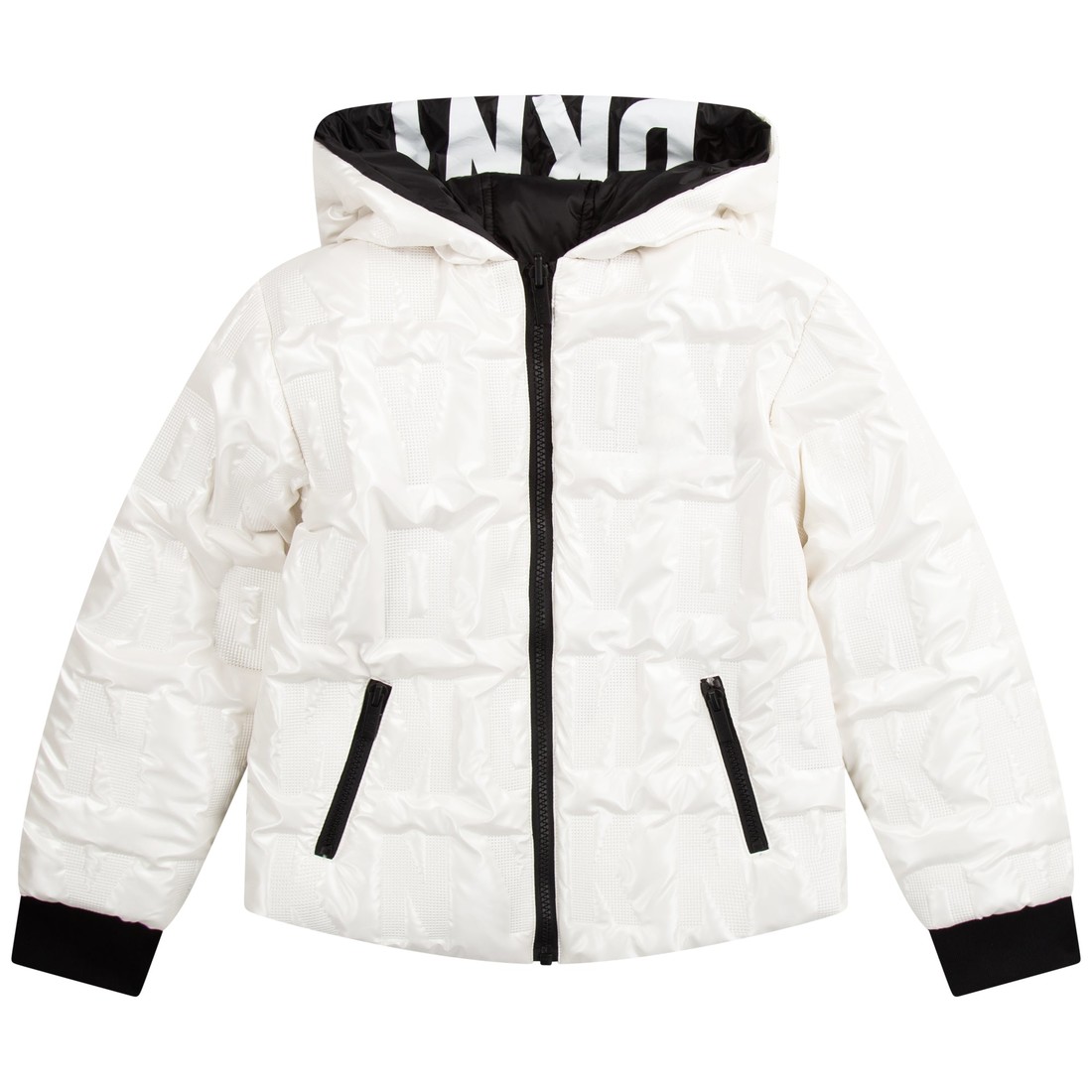 DKNY Kids' Reversible Hooded Puffer Jacket, White/Black, 8Y / White