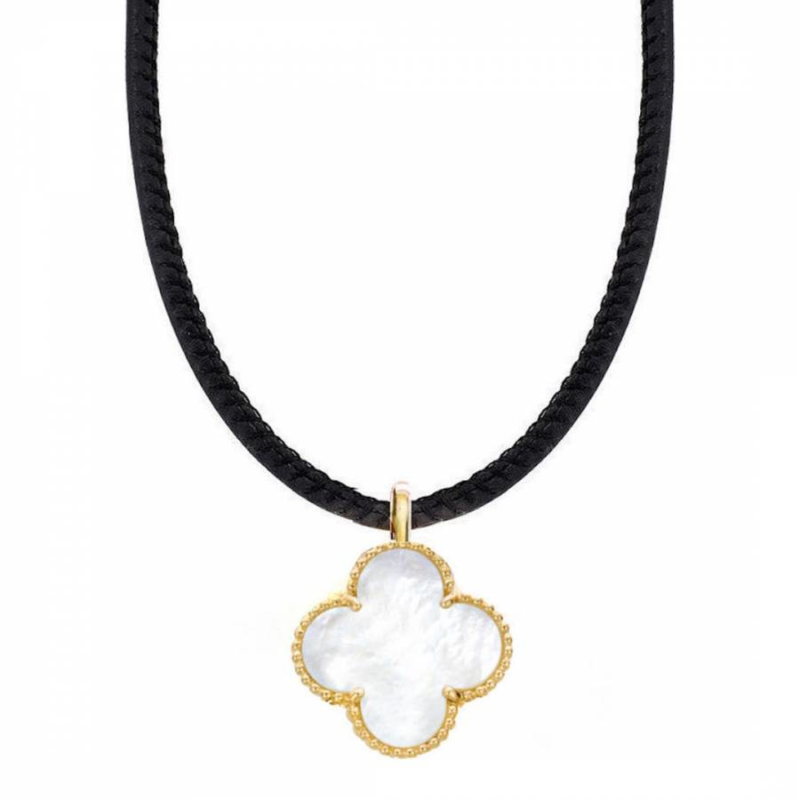 18K Gold White Mother Of Pearl Motif On Black Cord Necklace