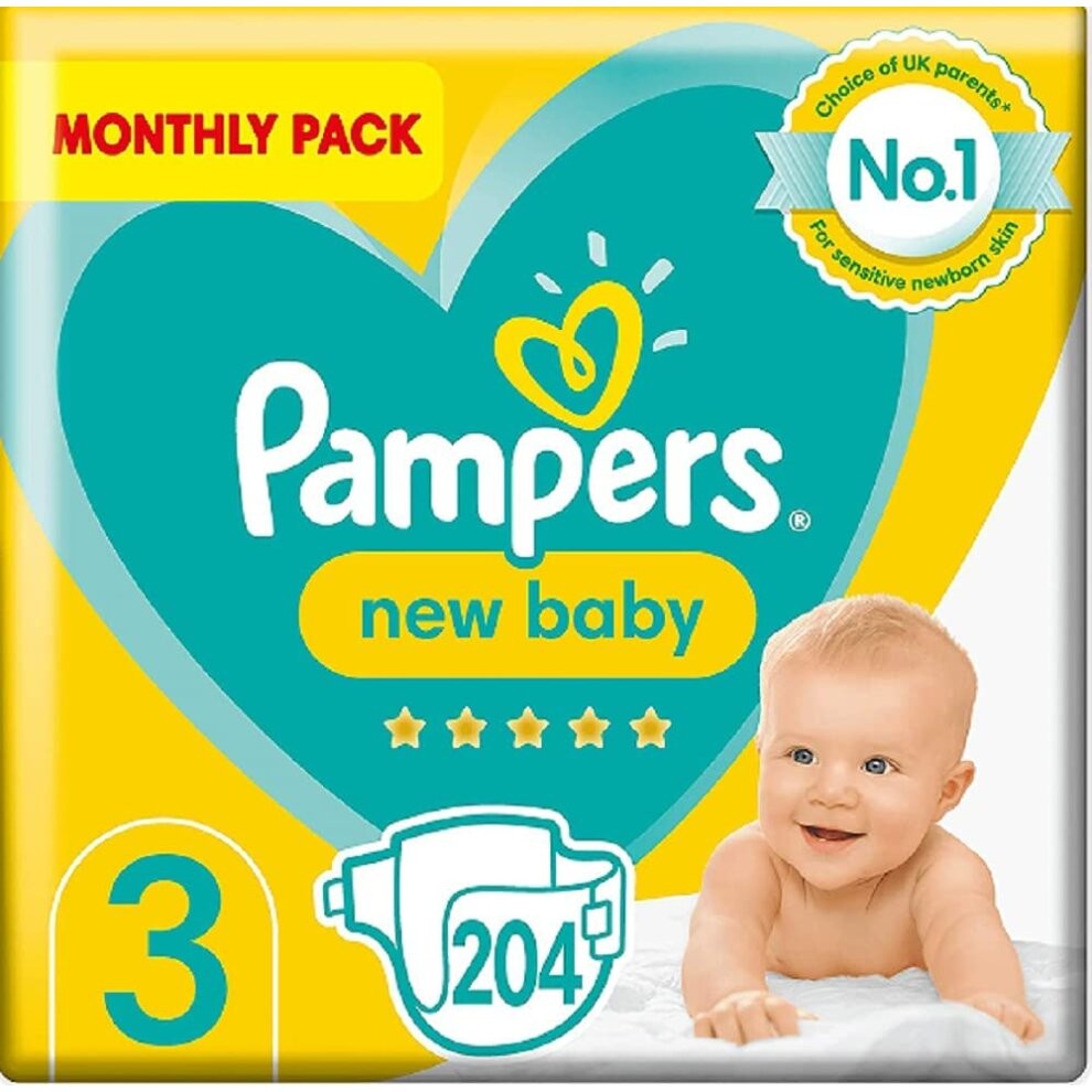 Pampers Size 3 New Baby Nappies, 204 Count, Protection For Sensitive Newborn Skin (6-10 kg / 13-22 lbs)