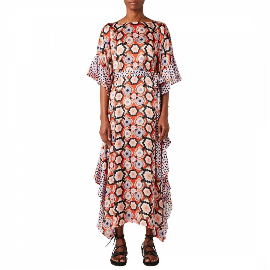 Multi Crochet Print Silk Kaftan Dress