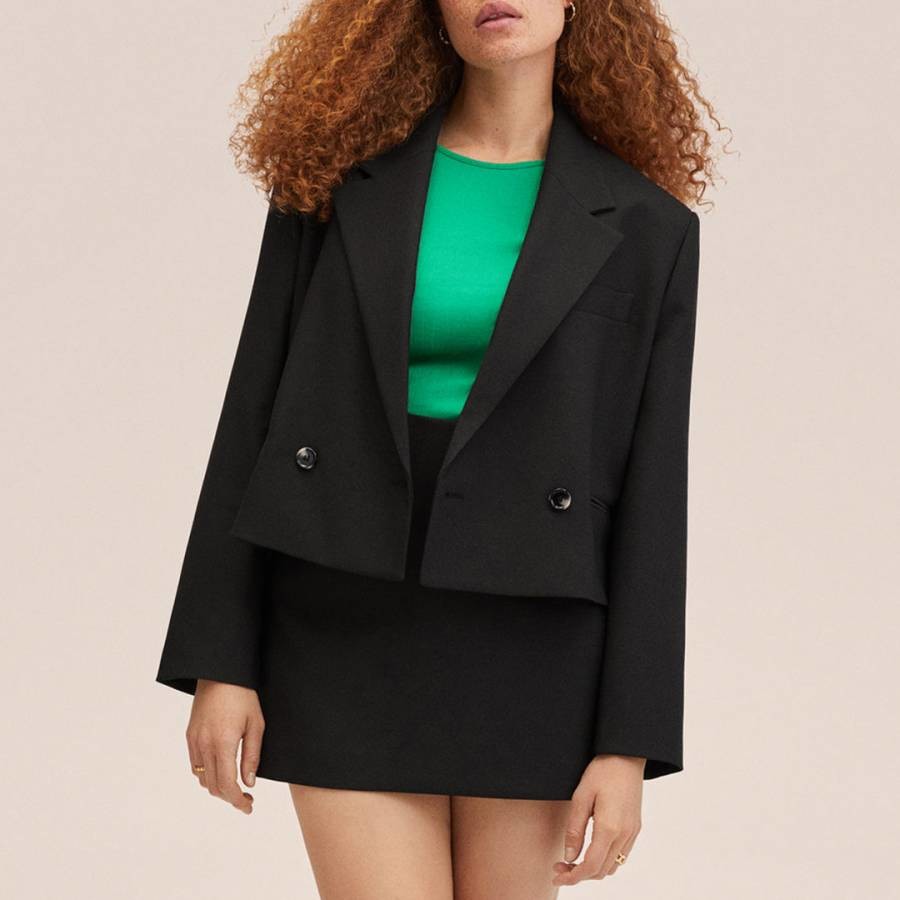 Black Cropped Double-Breasted Suit Blazer