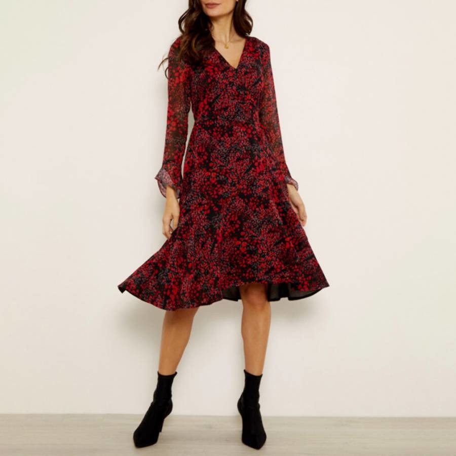 Black & Red Abstract Poppy Print Wrap Dress