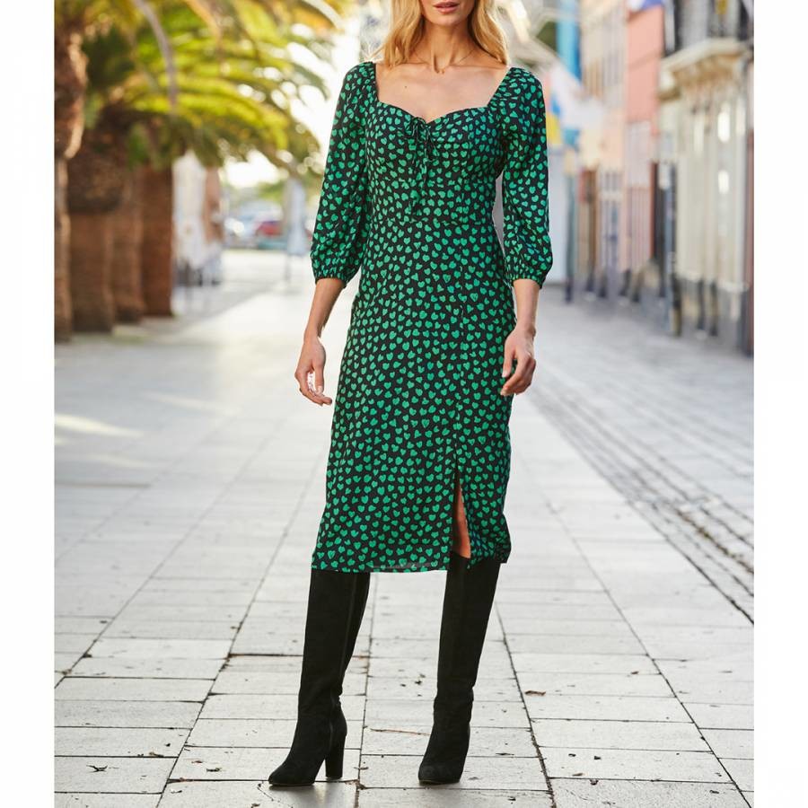 Black & Green Heart Print Midi Dress