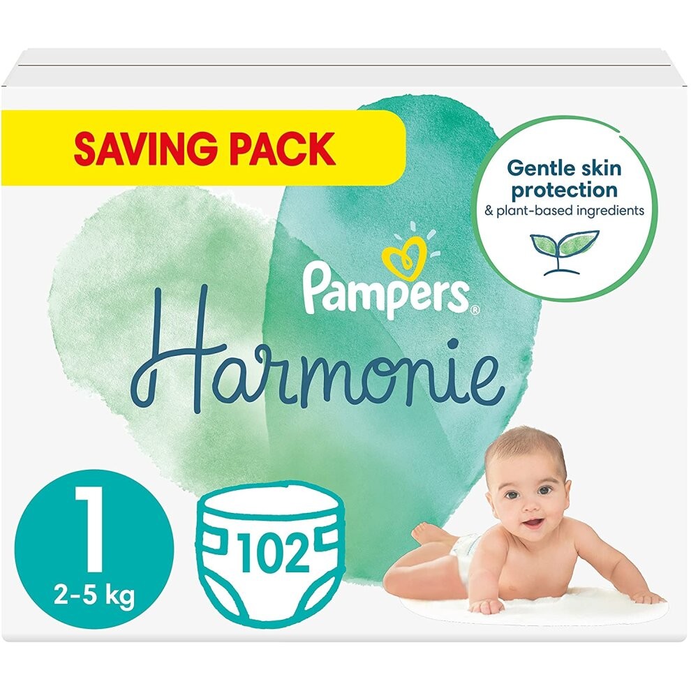 Pampers Baby Nappies Size 1 (2-5 kg / 4-11 lbs), Harmonie, 102 Count, SAVING PACK, Baby Essentials For Newborn