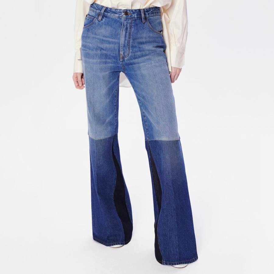 Blue Patchwork Cotton Flare Jeans