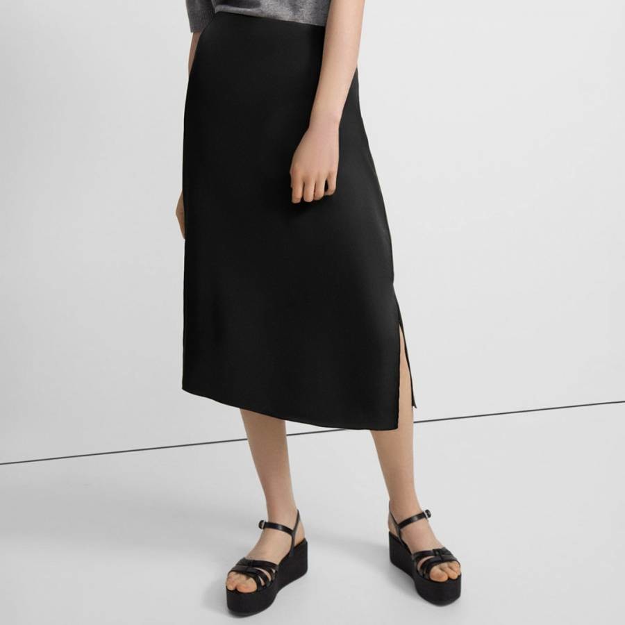 Black Double Slit Silk Midi Skirt