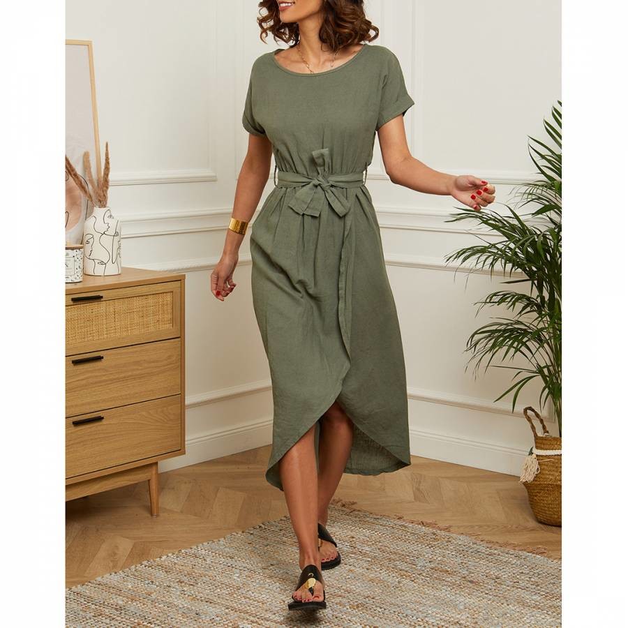 Khaki Tie Waist Linen Midi Dress