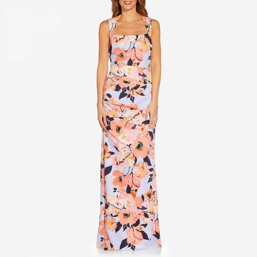 Multi Floral Print Crepe Gown