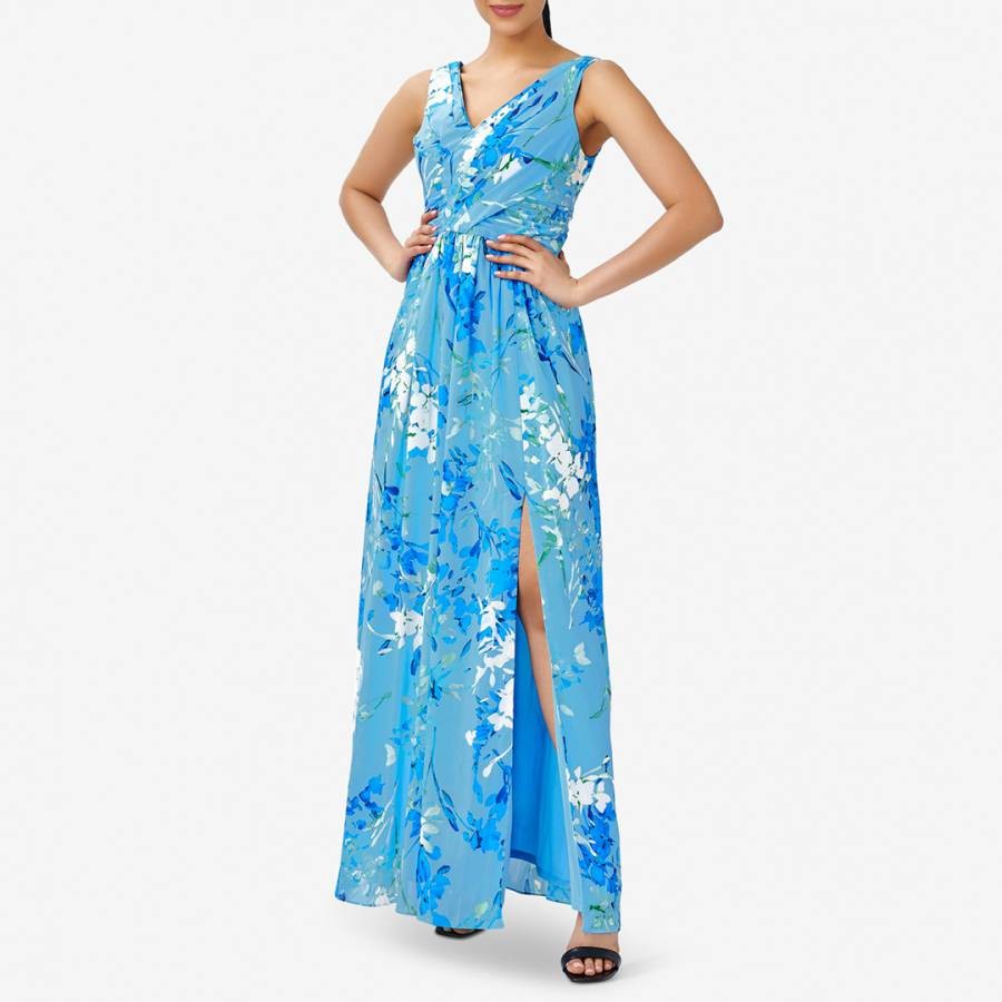 Blue Sleeveless Floral Print Gown