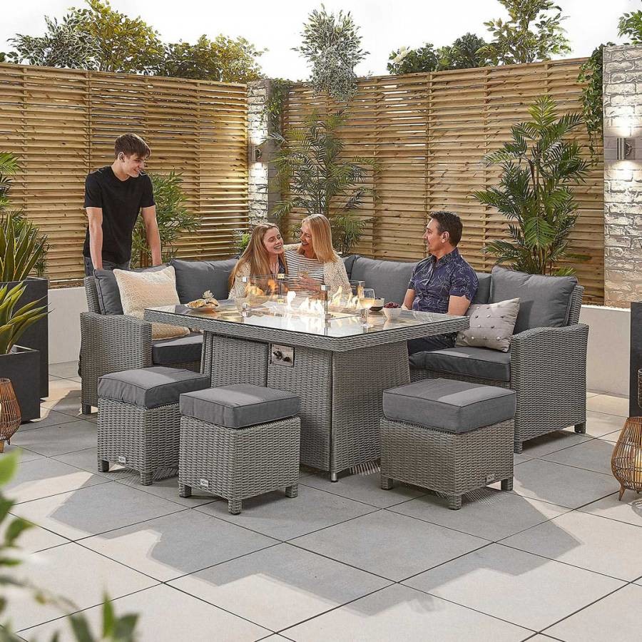 Ciara Corner Dining Set with Fire Pit Table Left Hand White Wash