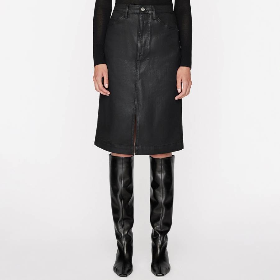 Black Coated Denim Stretch Midi Skirt